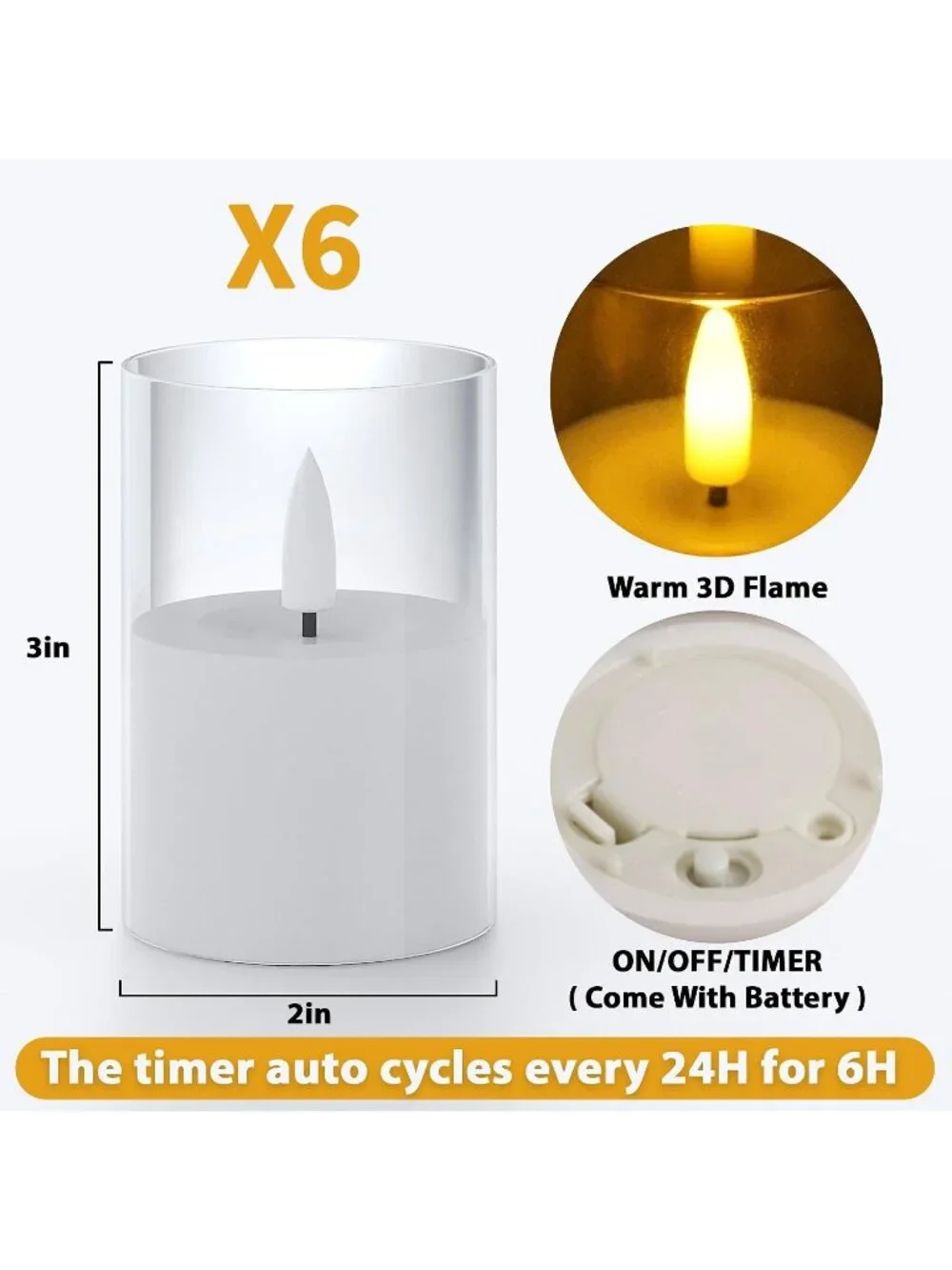 New 6-Pack Flickering Flameless LED Candles with Timer or Battery Powered